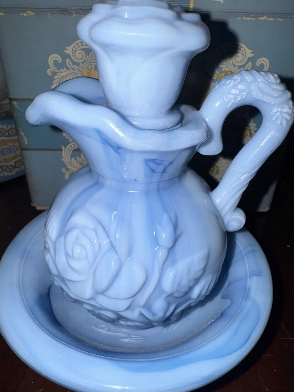 1979 Vintage Avon Victoriana Light Blue and Gold Bubble Bath and dish soap Set